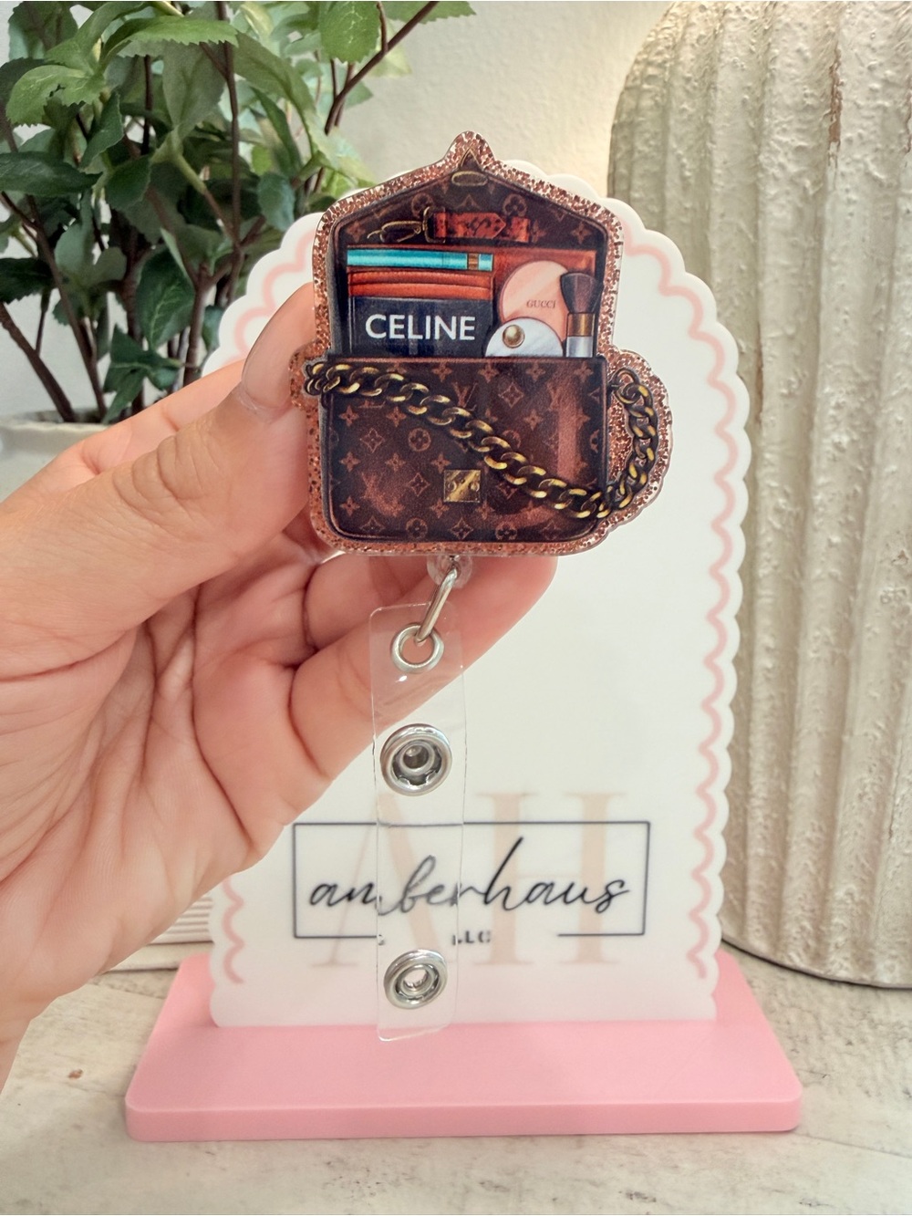 Designer-Inspired Brown Monogram Handbag Badge Reel